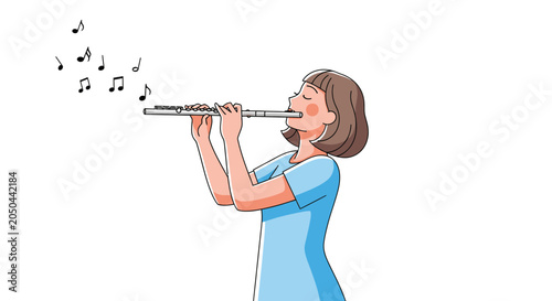 Young Woman Playing Flute with Musical Notes Floating