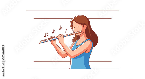 Young Woman Playing Flute with Musical Notes, Peaceful Hobby and Music Education