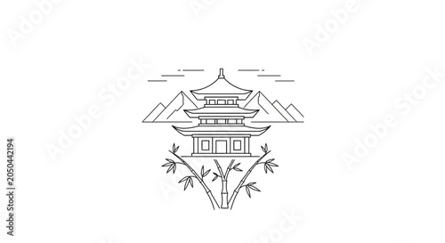 Zen Pagoda Temple with Bamboo and Mountains Line Art Illustration