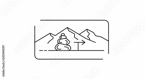 Zen Stone Stack and Mountain Landscape with Arrow, Symbolizing Balance and Journey