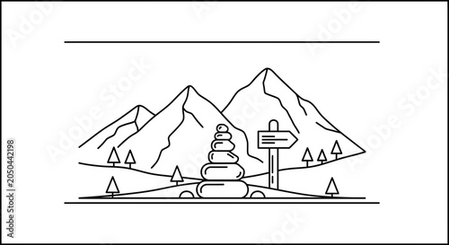 Zen Stacked Stones and Mountain Landscape with Signpost, Minimalist Line Art