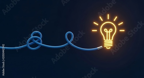 Glowing yellow lightbulb icon powered by blue cable on dark blue background