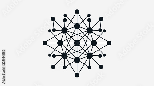 A complex geometric network structure displayed on a plain light background