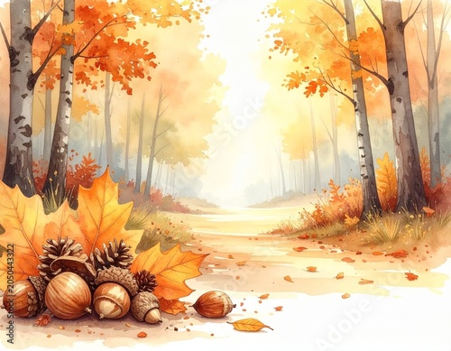 Watercolor Autumn Forest Template with Acorns Pine Cones and Maple Leaves — Cozy Fall Background Frame
