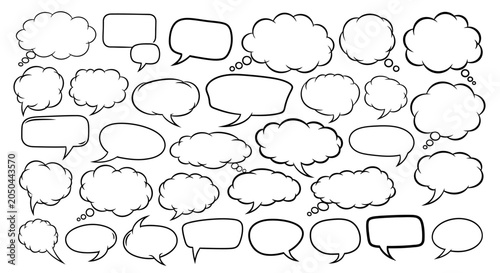 Large collection of blank white speech bubbles and thought clouds set in various shapes and comic book styles isolated on white background for communication and dialogue design.