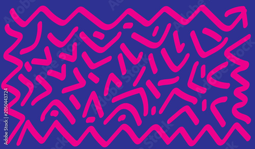 Cuadro en lienzo Pink hand-drawn zigzag border and abstract v-shape pattern on blue background