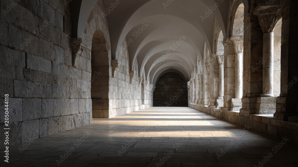 Obraz premium An empty, long, and narrow stone corridor with arched ceilings and natural light streaming in through the windows, creating a dramatic play of light and shadow