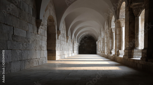 An empty, long, and narrow stone corridor with arched ceilings and natural light streaming in through the windows, creating a dramatic play of light and shadow