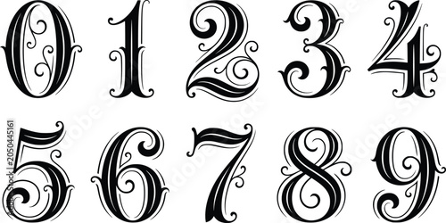 Numbers set zero to nine featuring elegant decorative calligraphy with ornate swirls and flourishes in classic black vector style.
