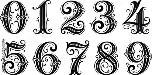 Set of luxury numbers zero to nine featuring intricate decorative calligraphy with ornate swirls in black vector graphic style.