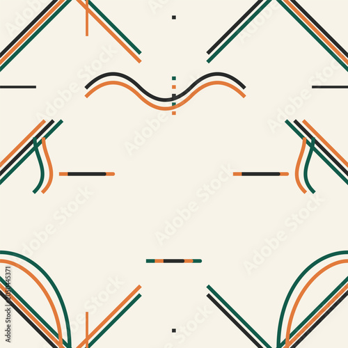 Εκτύπωση καμβά Minimalist geometric seamless pattern with symmetrical wavy lines and thin strokes in earth tone colors on light beige background
