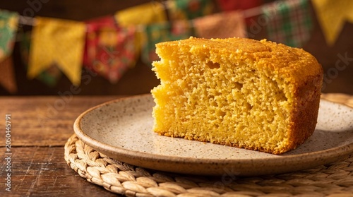 A delicious slice of Brazilian cornbread (bolo de milho) served on a rustic plate, with colorful festive bunting in the background, perfect for Festa Junina.