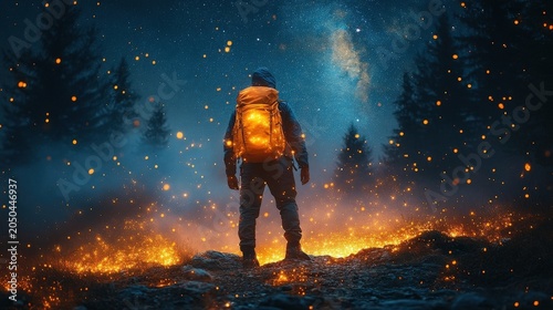Lone Hiker Gazes at Starry Night Sky Surrounded by Glowing Embers in Dark Forest