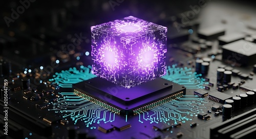 Glowing purple cube data center on computer motherboard