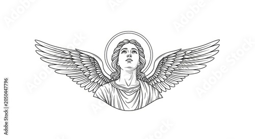 A detailed black and white line drawing depicts an angel with large, feathered wings. The angel’s face is serene and contemplative, looking upwards.