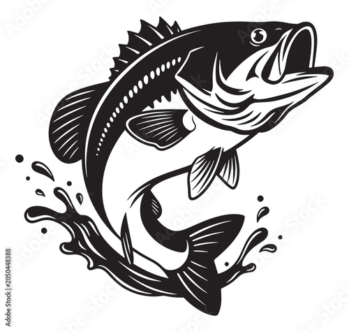 Large mouth bass jumping out of water with splashes around it
