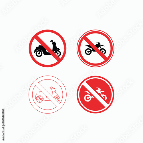 Four circular signs forbid motorized vehicles. Each shows a different vehicle type with a red slash. Motorbike, scooter, dirt bike, and ATV are included. Symbols indicate no entry for these vehicles