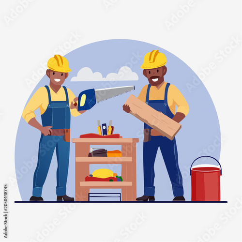 Two Carpenters Working Together with Wood and Tools