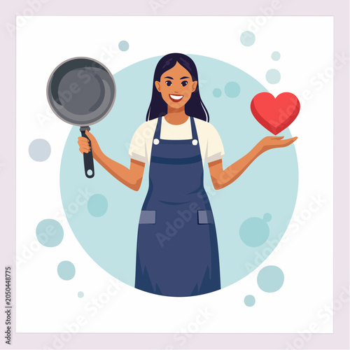 Woman holding frying pan and heart, cooking with love concept