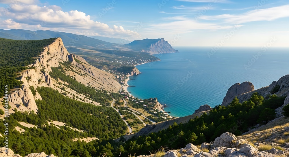 Obraz premium Aerial view of rugged coastal mountain landscape.