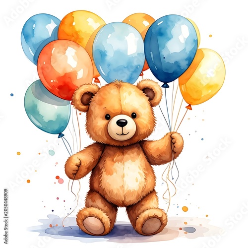 A cute brown teddy bear holding colorful balloons