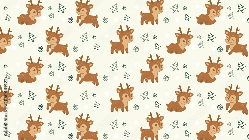 Obraz premium Cute reindeer pattern with festive holiday cheer. Brown animals playfully pose amidst snowflakes and trees. Soft cream background adds cozy, whimsical charm