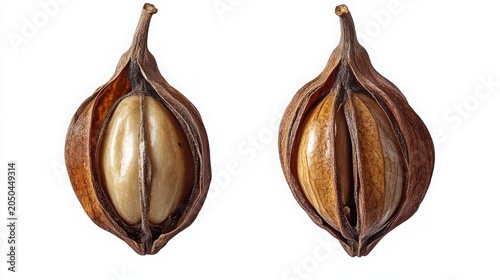 Close-Up of a Split Seed Pod Revealing the Inner Edible Seed in Two Distinct Views