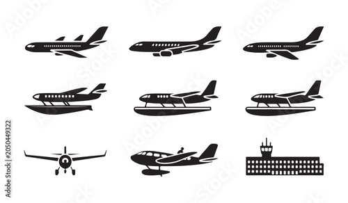 Canvastavla Side view airplane and seaplane silhouettes for aviation industry and transport services