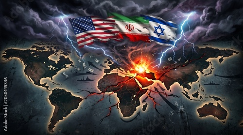 Global Geopolitical Crisis Concept with Explosive Middle East Conflict and World Map