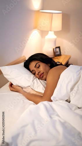 A woman sleeps peacefully on a bed with white sheets and pillows