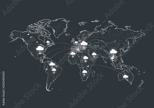 Global map with cloud icons showing worldwide network connections.