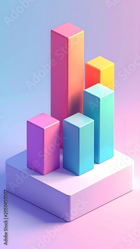 Colorful 3D bar graph on a white platform with rainbow background