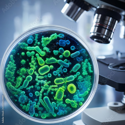 stunning macro view of vibrant blue and green gut microbes in petri dish microscope background scientific research