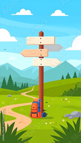A serene landscape with a signpost in a green field