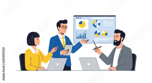 Quadro su tela A group of diverse professionals analyzes business metrics and data visualizations on a digital dashboard during a collaborative office meeting