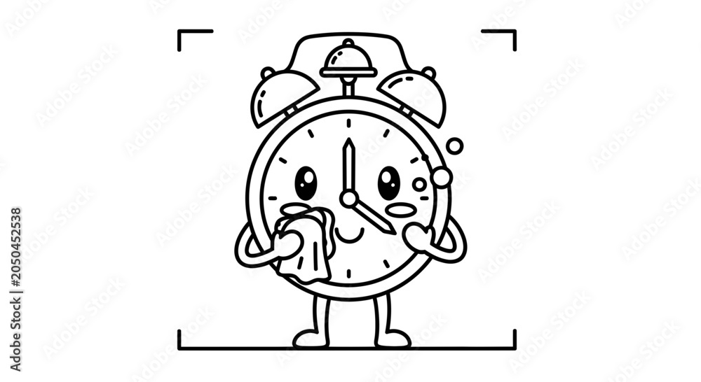 Fototapeta premium Cute Alarm Clock Character Cleaning Face with Cloth, Cartoon Style