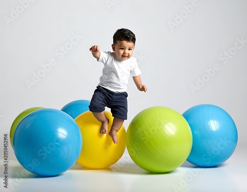 A young child playfully jumping on colorful exercise balls
