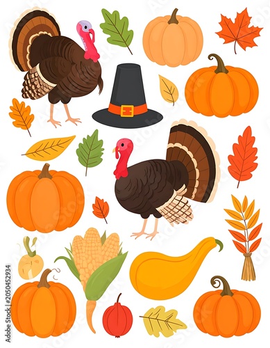 Colorful Thanksgiving themed illustrations of turkeys, pumpkins, leaves