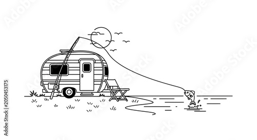 Vintage Camper Van Fishing Trip by Lake, Catching Fish