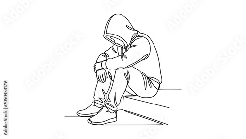 Billede på lærred Sad teenager sitting alone in a hoodie sketch illustration.