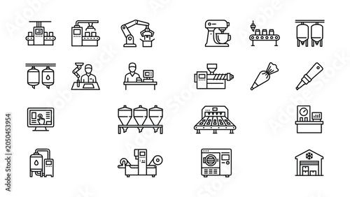 Set of food production and industrial manufacturing line icons.