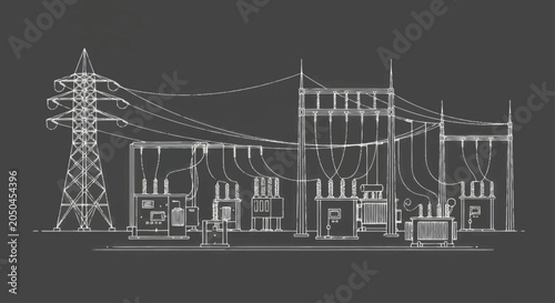 Vászonkép Electrical substation with power lines and transformers schematic drawing