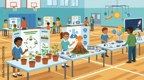 Children at a school science fair showcasing their projects and experiments on display boards and tables