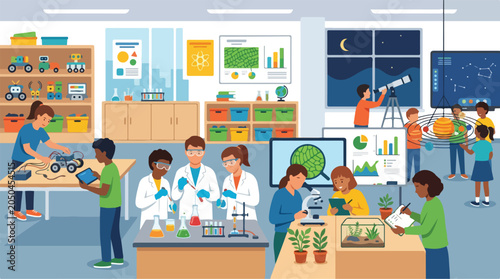 Diverse children engaging in interactive STEM learning activities within a modern science classroom and school laboratory setting
