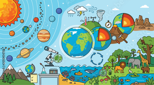 Earth Science and Solar System Education Illustration with Animals, Planets, and Ecosystems