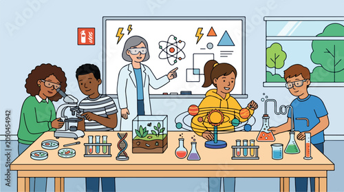 Teacher guiding diverse elementary students through various science experiments in a classroom illustration