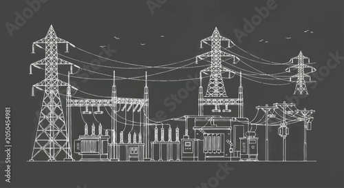 Foto Electrical substation with power lines and transmission towers in a schematic drawing style