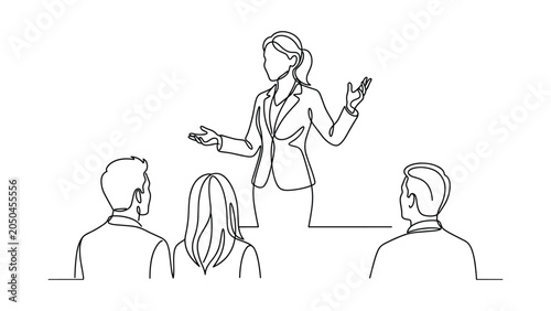 Photos Continuous line drawing of a businesswoman giving a presentation to colleagues