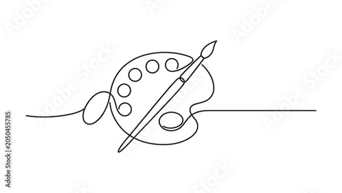 Continuous one line drawing of a paint palette and brush.