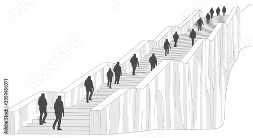 A group of people walking up a long set of outdoor stairs in a stylized illustration.